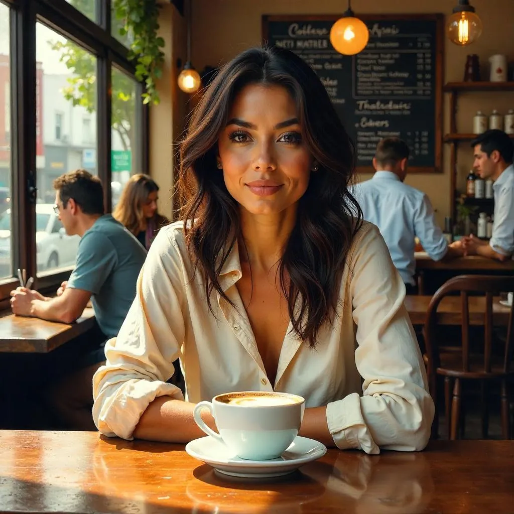 Latina Woman in a Warm Oil Painting Café