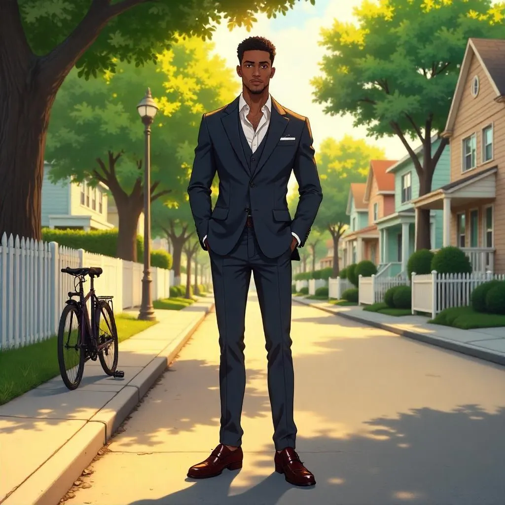Elegant Black Man in Anime Suburban Street
