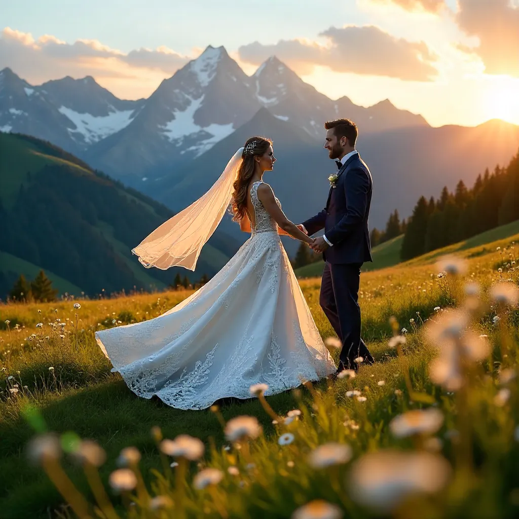 Bride and Groom Dancing in Mountain Meadow