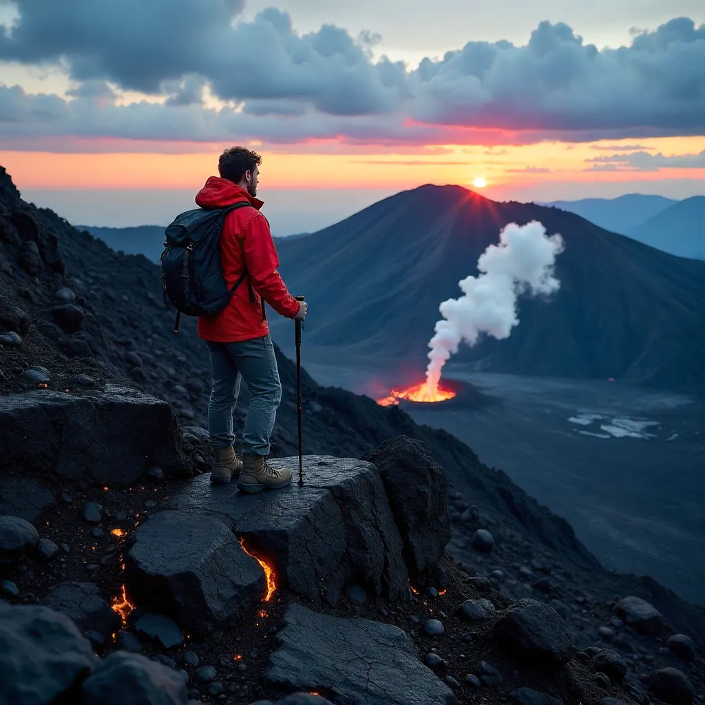 Lone Hiker on Volcanic Ridge at Dawn