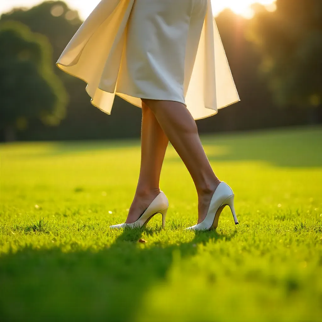 Elegant Walk on a Green Lawn in White Heels