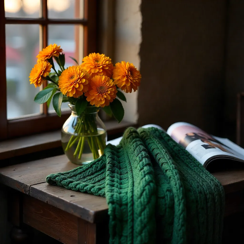 Dusk Cozy: Green Scarf, Marigolds, Magazine