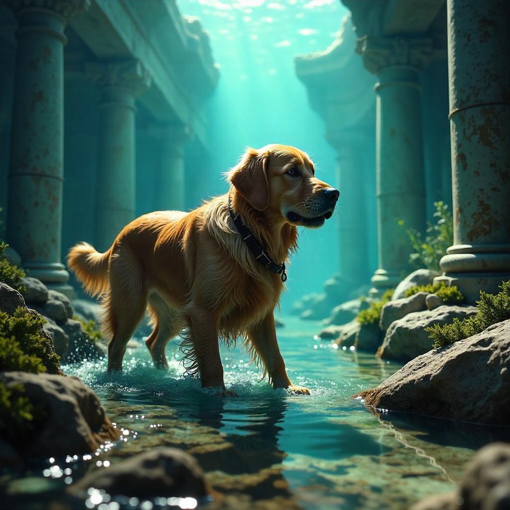 Golden Retriever in Atlantis: 3D Underwater Render
