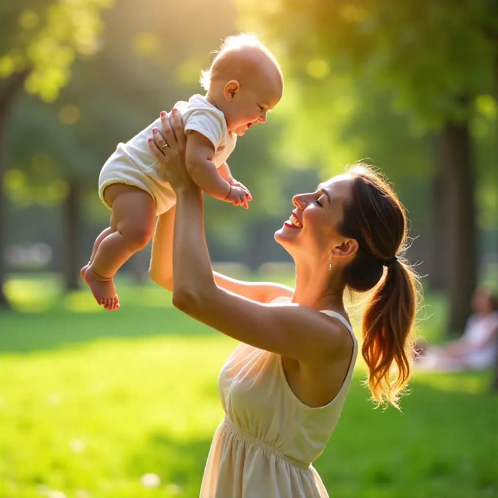 Sunny Park Moment: A Mother Lifts Her Baby in Joy