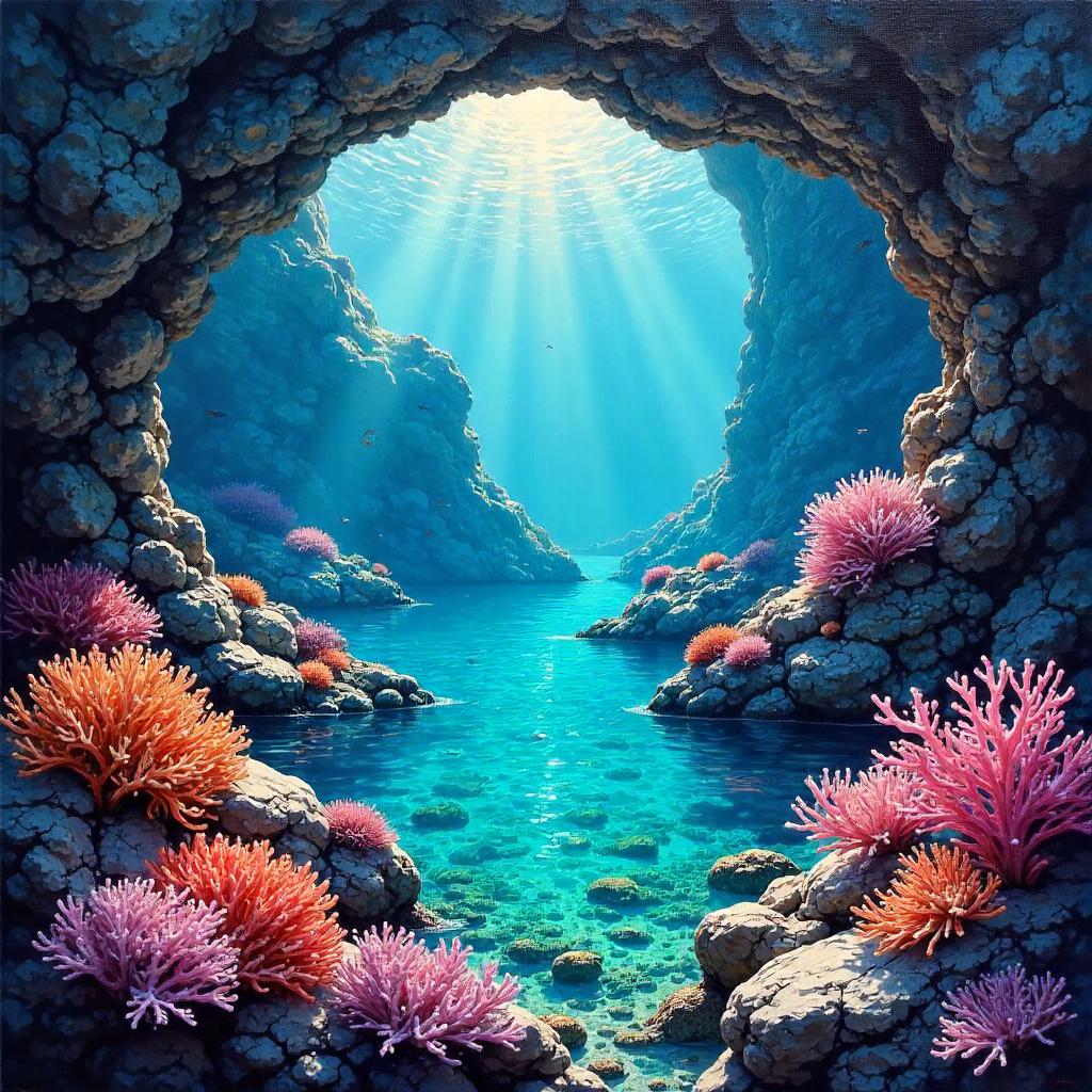 An Oil Painting of a Lake Within a Coral Reef