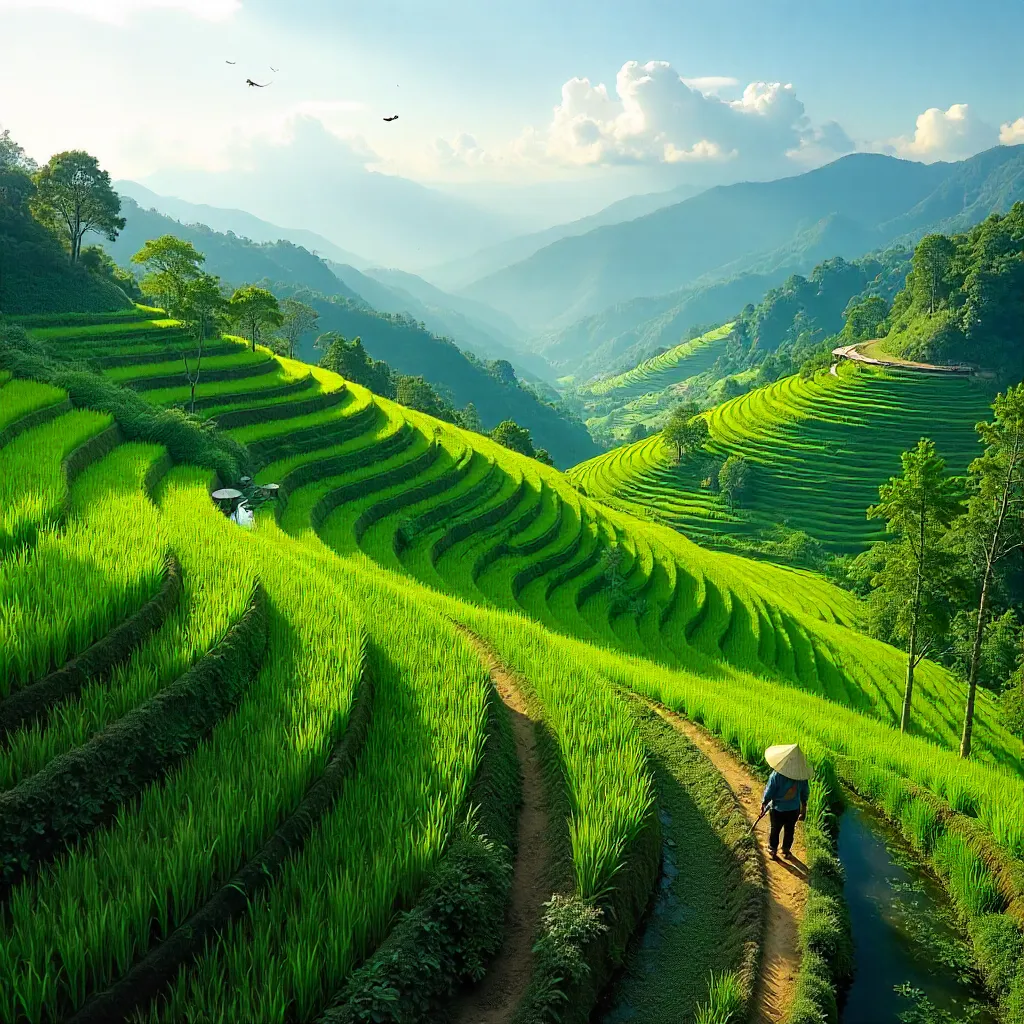 Vibrant Summer Rice Fields: Green Terraced Patterns