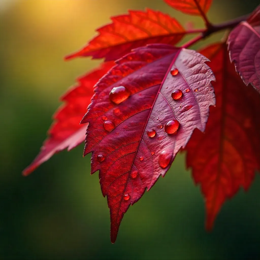 Crimson Autumn Leaves in Rain: Serene Macro Close-Up