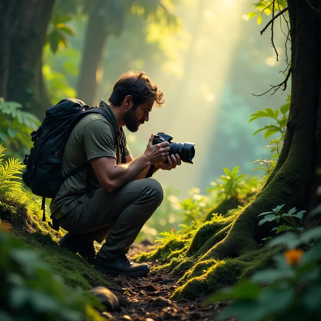 Photographer Checks DSLR in Lush Outdoors