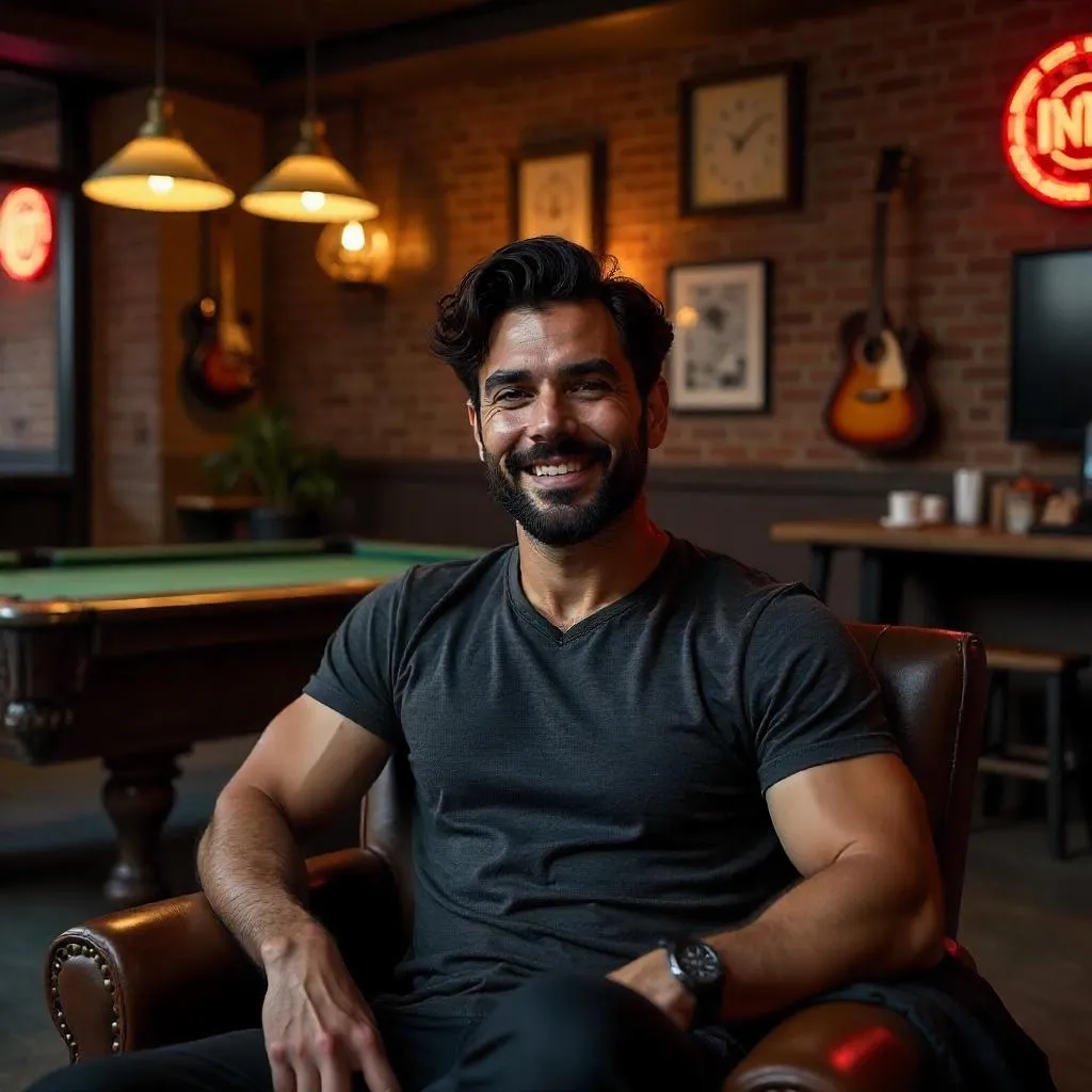 Photorealistic Latino Man in a Cozy Man Cave