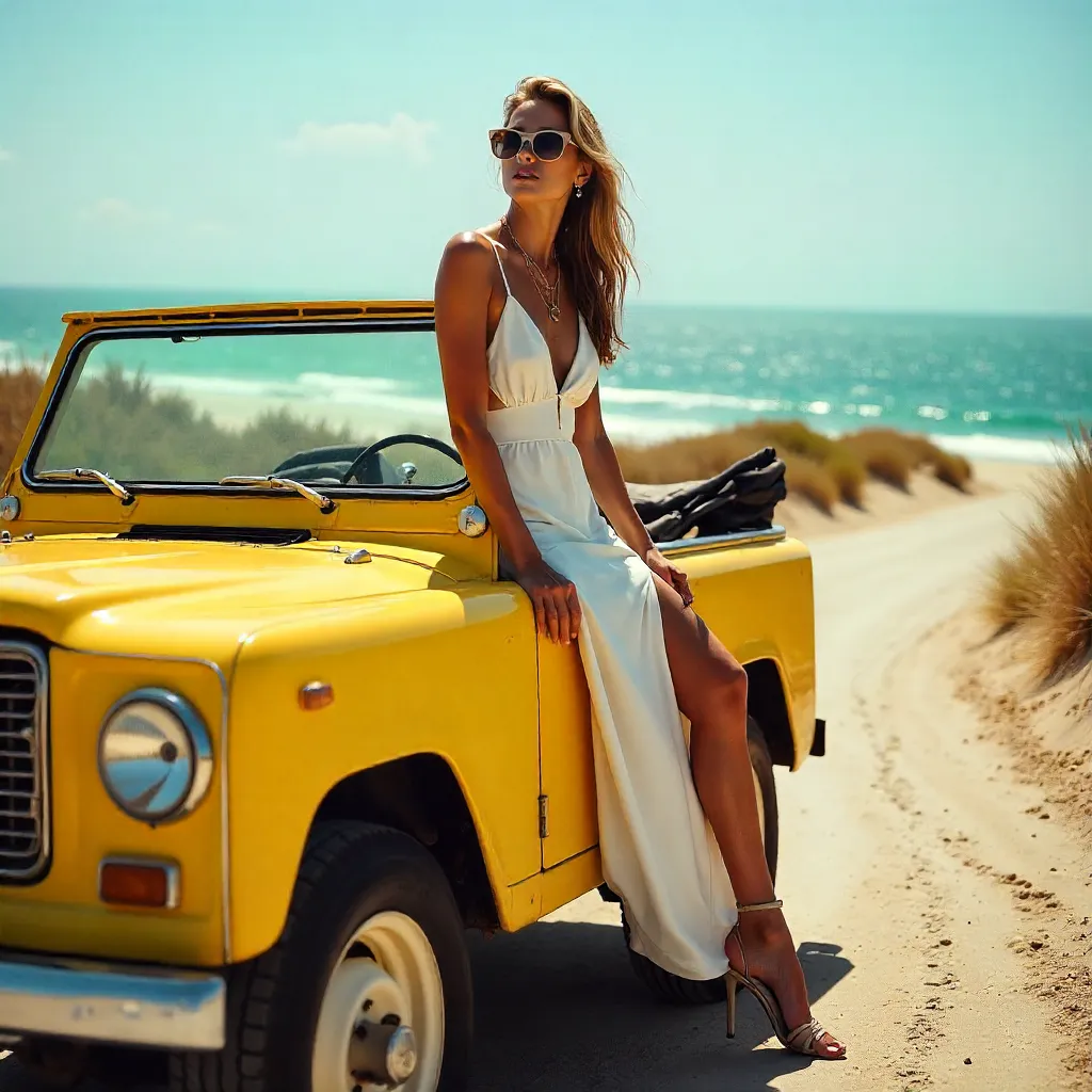 Sunlit Coastal Style on a Yellow Jeep
