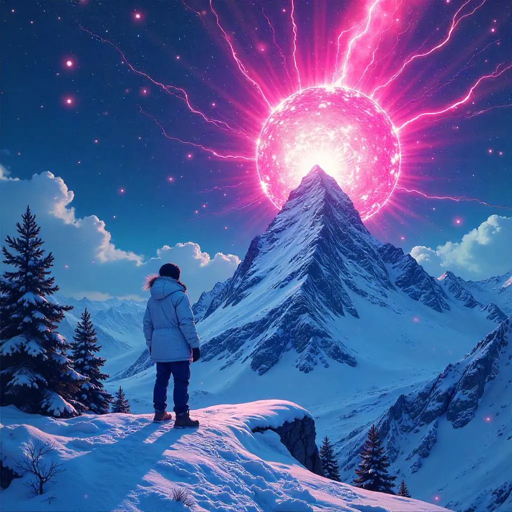 Celestial Supernova Above a Snowy Summit in Anime Style