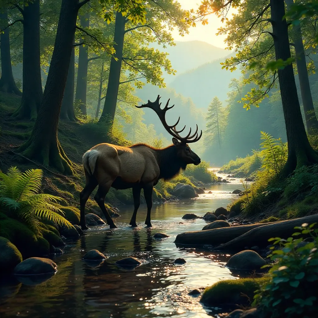 Elk by a Calm Gatlinburg Stream in Lush Appalachians