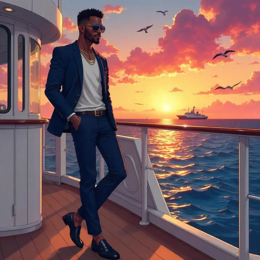 Stylish Black Man in Anime Style on a Cruise Ship