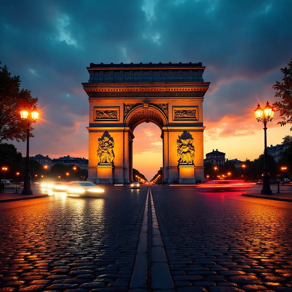 Twilight Arc de Triomphe with Blurred Traffic
