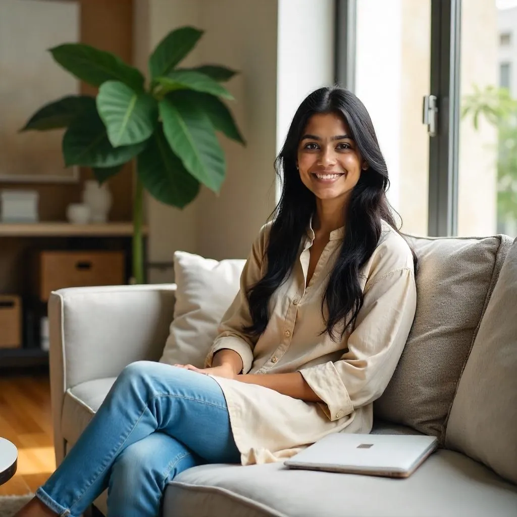 Photorealistic Portrait: Young Indian Woman in an Apartment