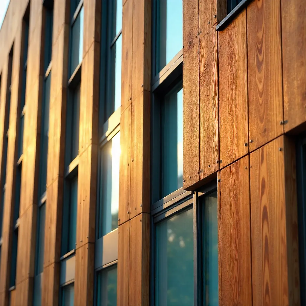 Close-Up of a Modern Wooden Facade with Blue-Tinted Windows