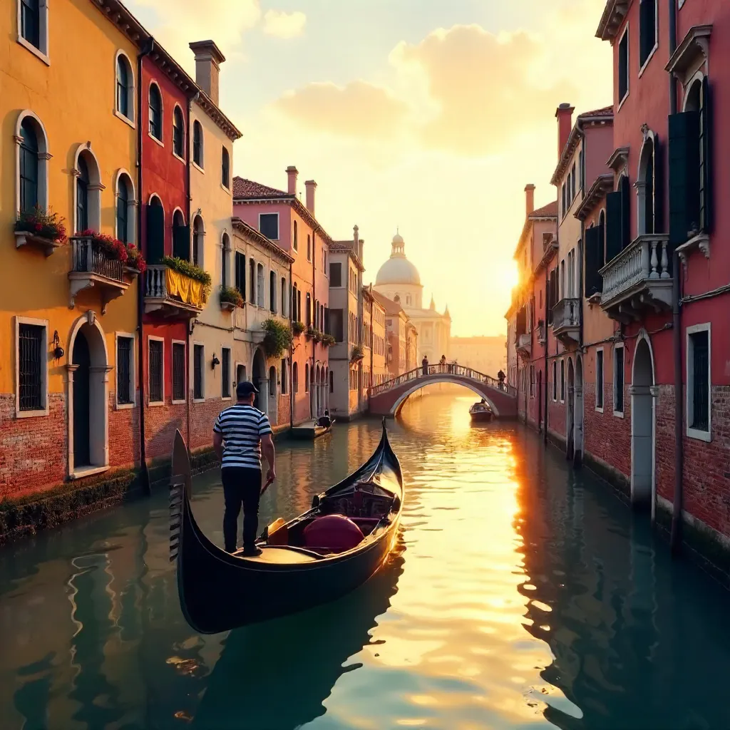 Sunlit Venetian Canal with Historic Facades and Gondola