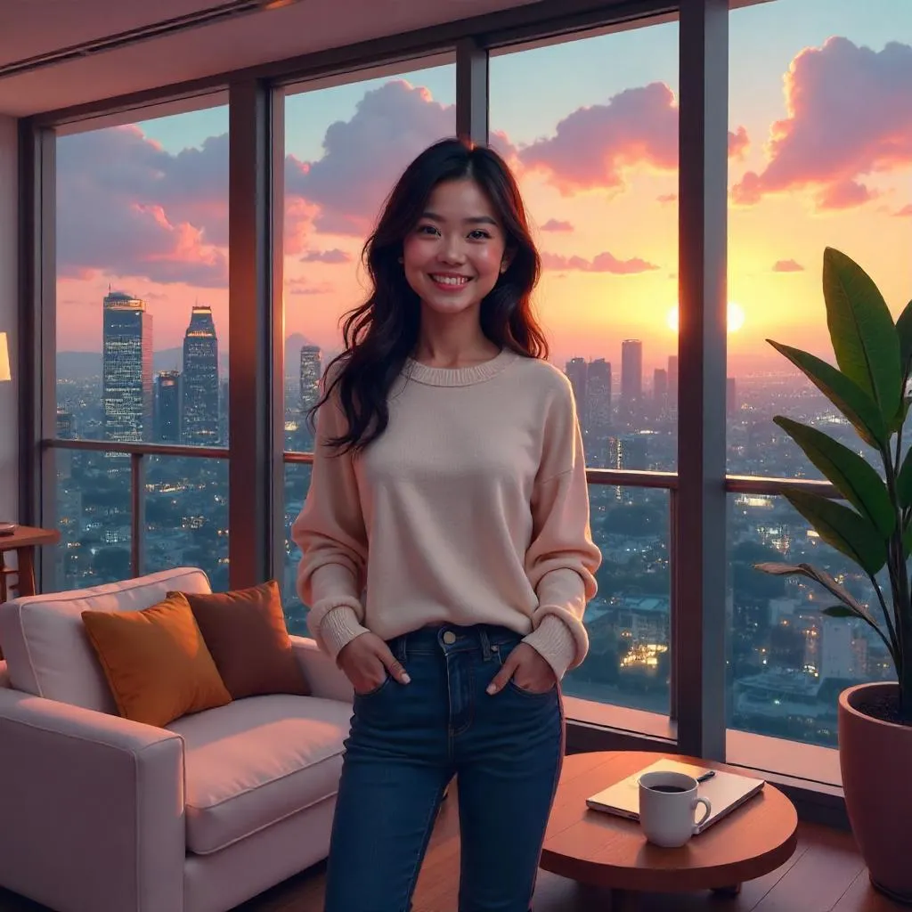 Cheerful Asian Woman in a Penthouse Overlooking the City
