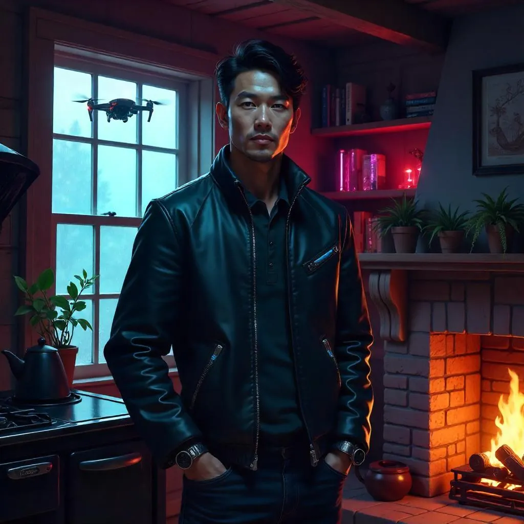 Confident Asian Man in a Cyberpunk Cottage