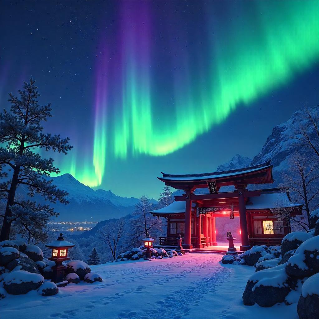 Aurora over a Shinto Shrine in Neon Night
