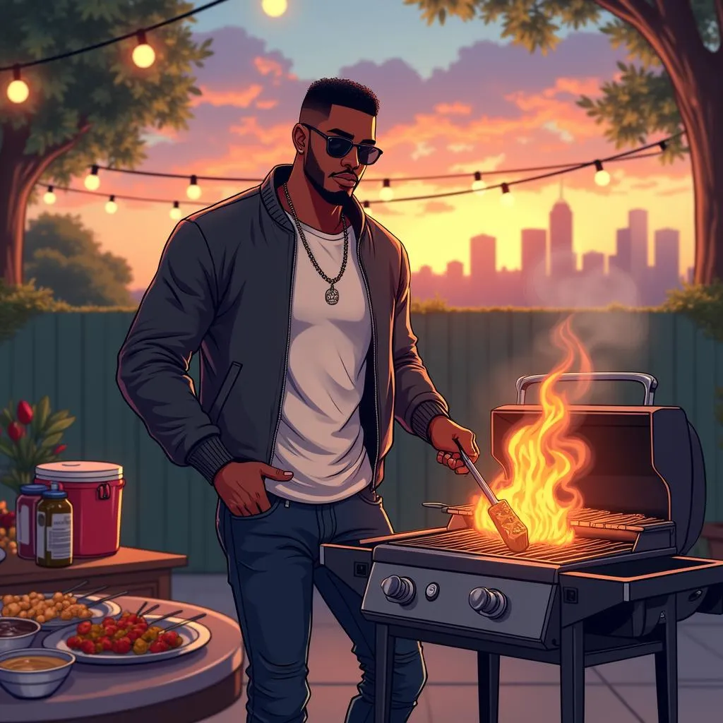 Stylish Black Man at an Anime Barbecue