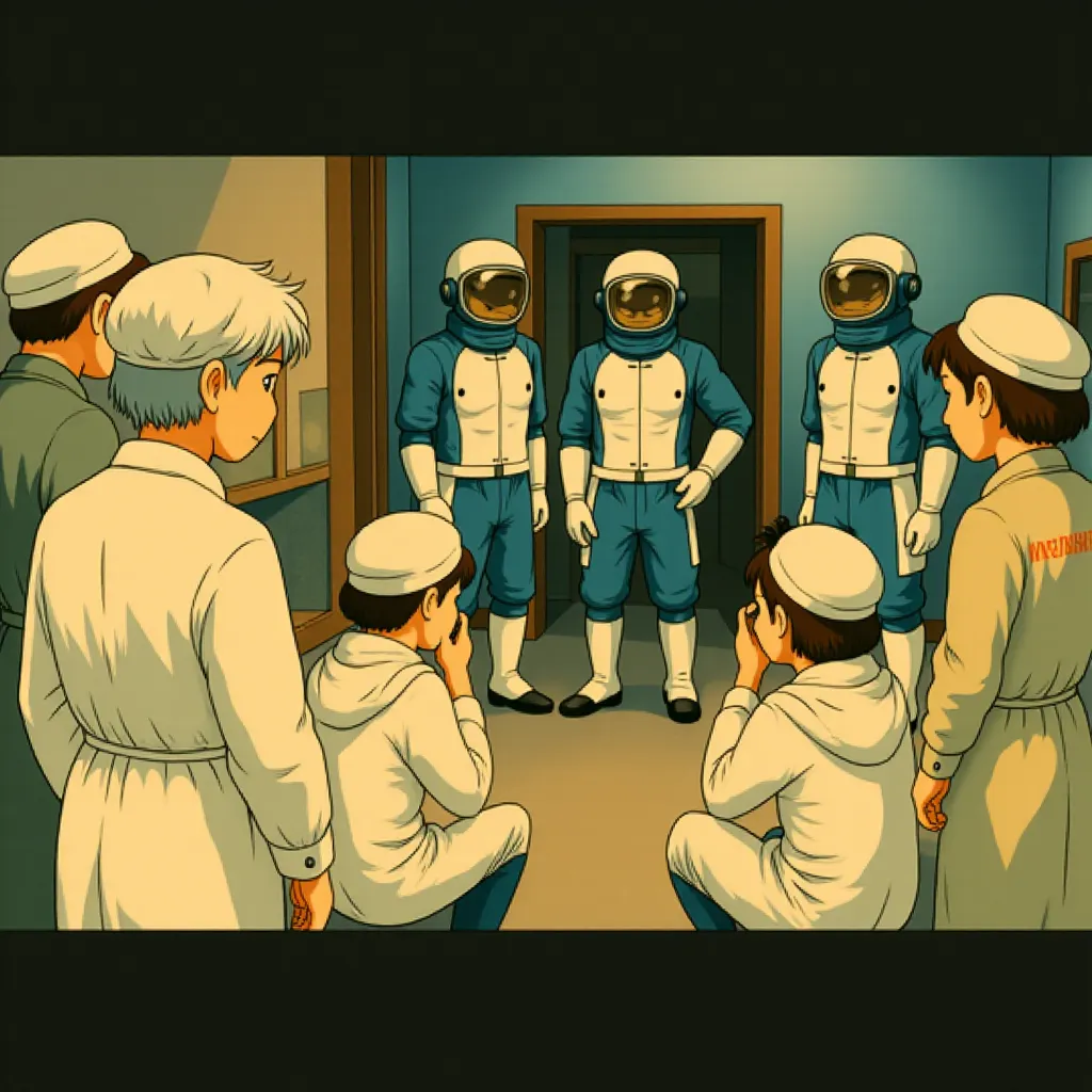 Pedro Pascal, Ebon Moss-Bachrach, Vanessa Kirby, and Joseph Quinn in The Fantastic Four: First Steps (2025) - Ghibli style