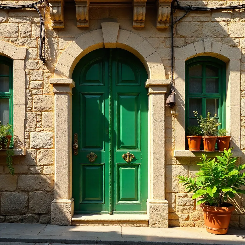 Historic İzmir Stone Facade with Green Door and Metal Basket