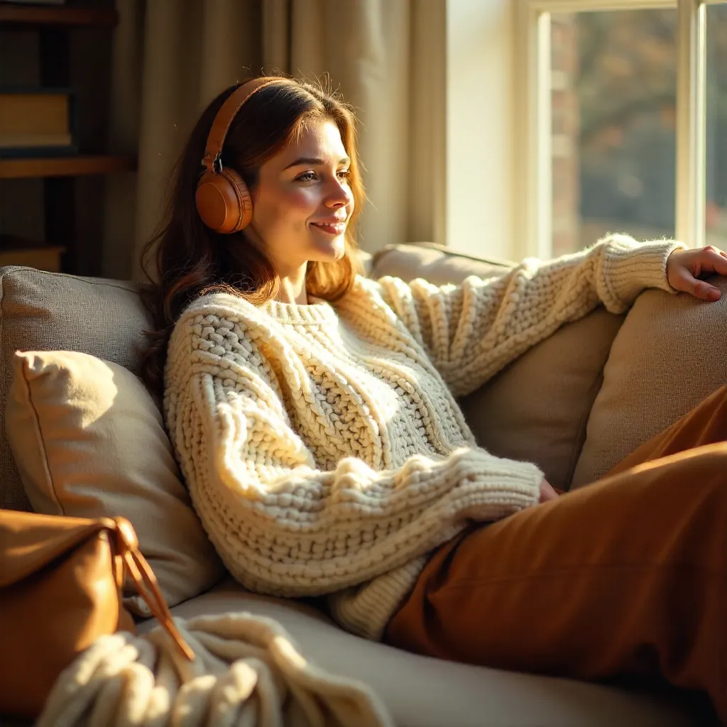 Cozy Knit Sweater with Headphones and Leather Bag