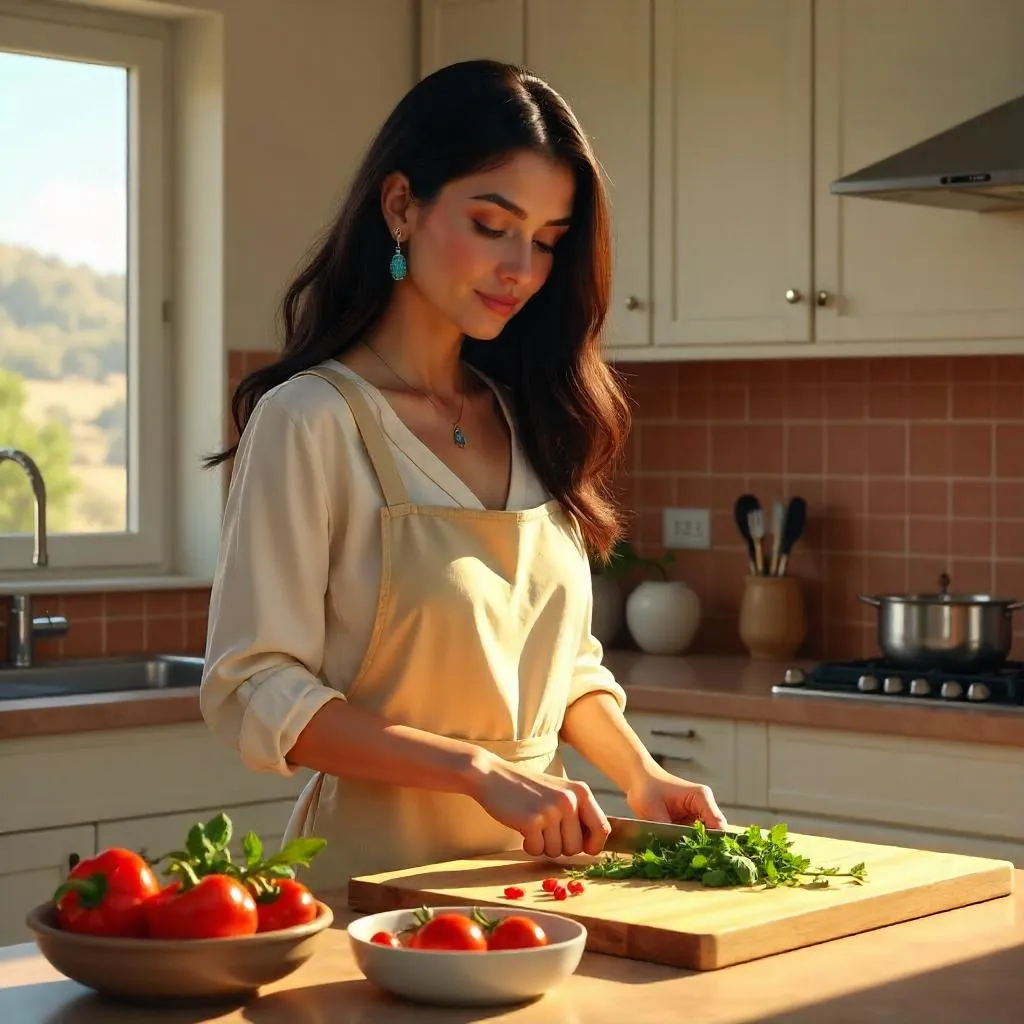 Sunlit Kitchen Portrait of a Middle Eastern Woman