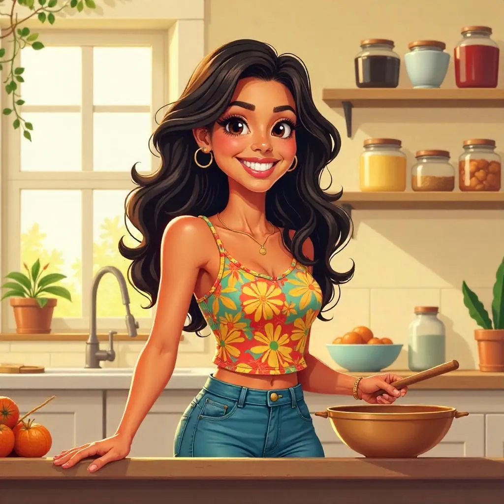 Cheerful Latina Woman in a Colorful Cartoon Kitchen
