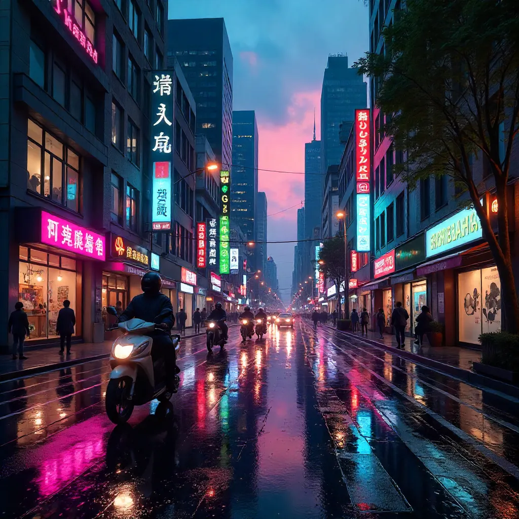 Dusk Neon Pulse: City Street with Motorbikes