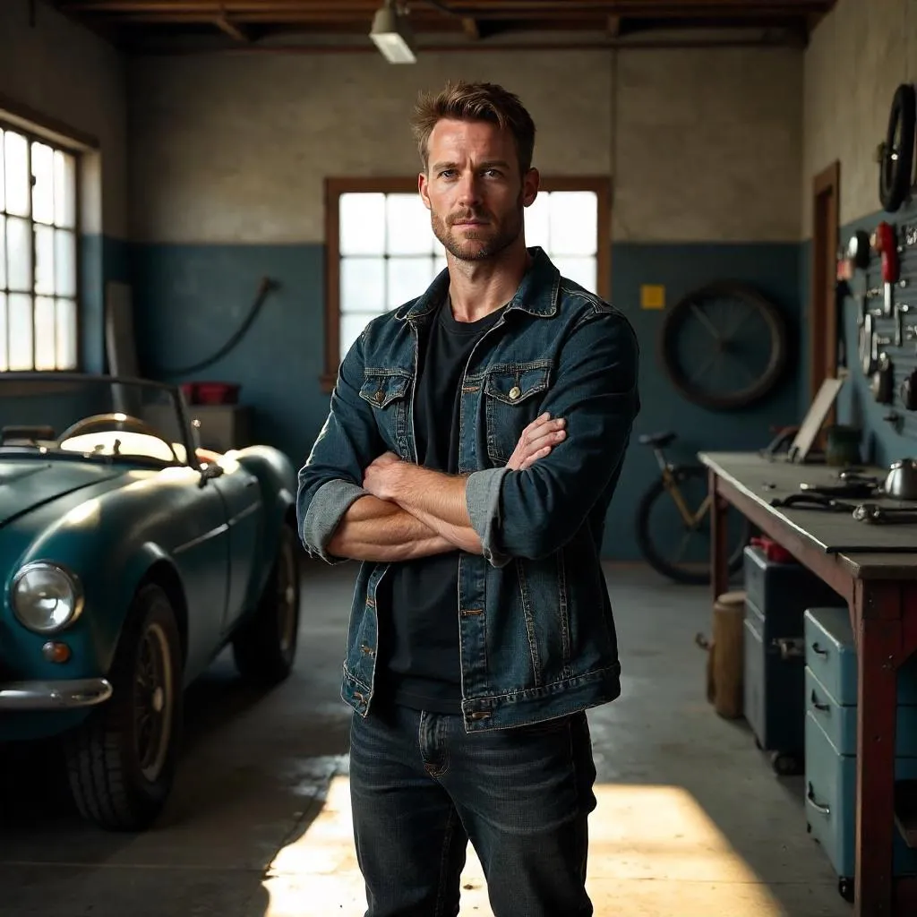 Confident White Man in a Photorealistic Garage