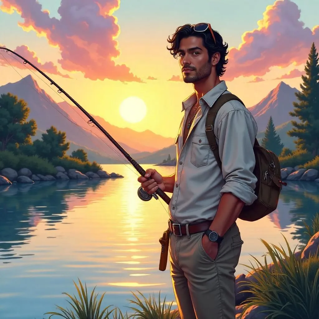 Sunset Casting: Handsome Middle Eastern Man Fishing (Anime)