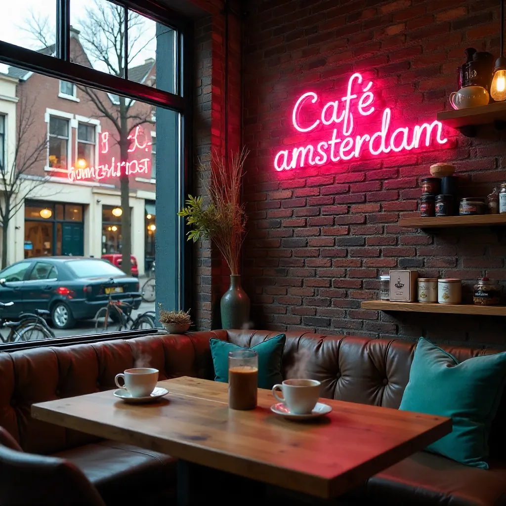 Cozy Amsterdam Café: Neon Sign & Retail Display