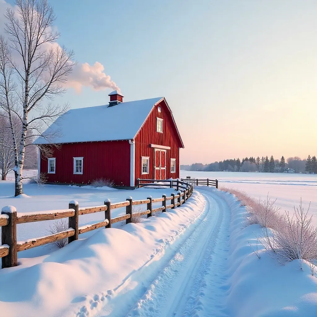 Charming Red Barn in Uddeholm Winter Landscape