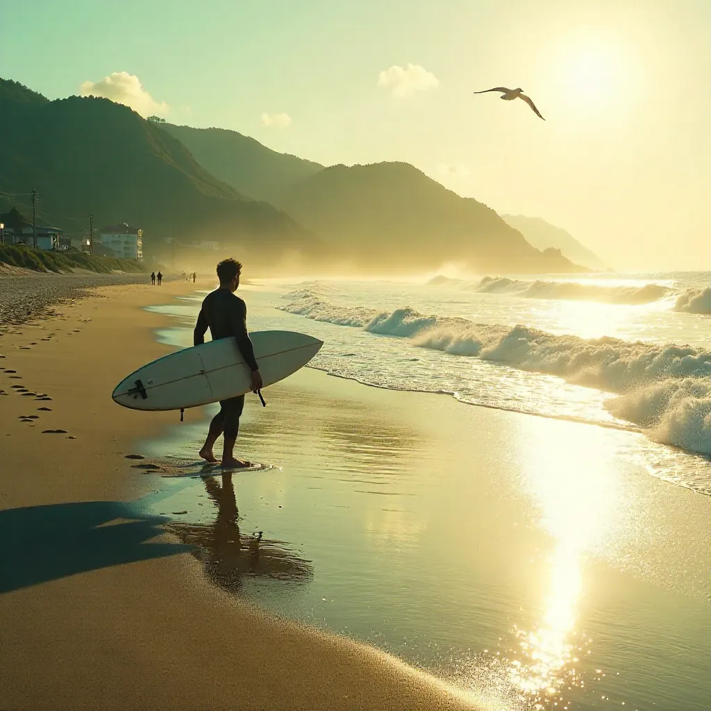 Surfer Walking Toward the Waves at Kamakura Beach