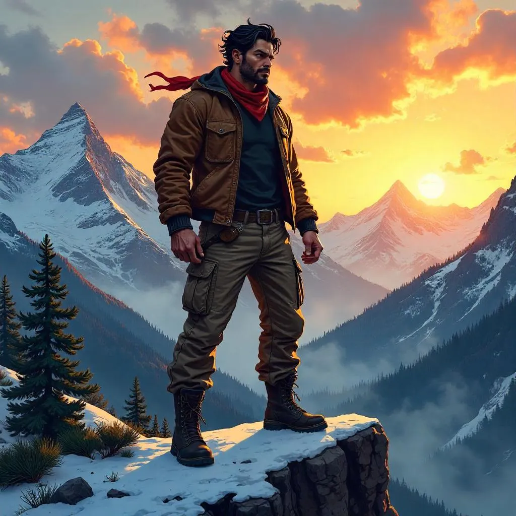 Powerful Latino Warrior in Anime Mountain Scene