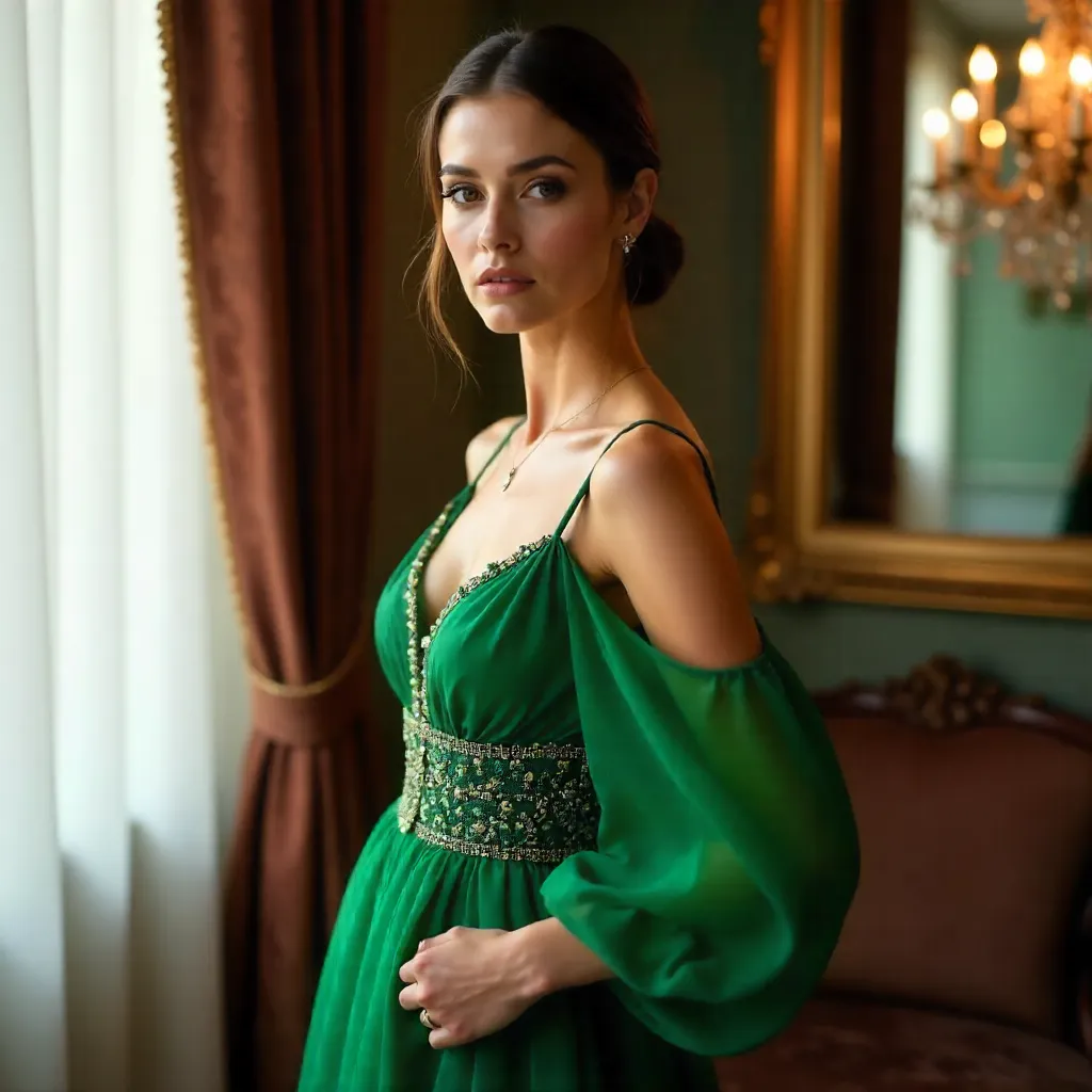 Emerald Sheer Gown Couture Portrait Indoors