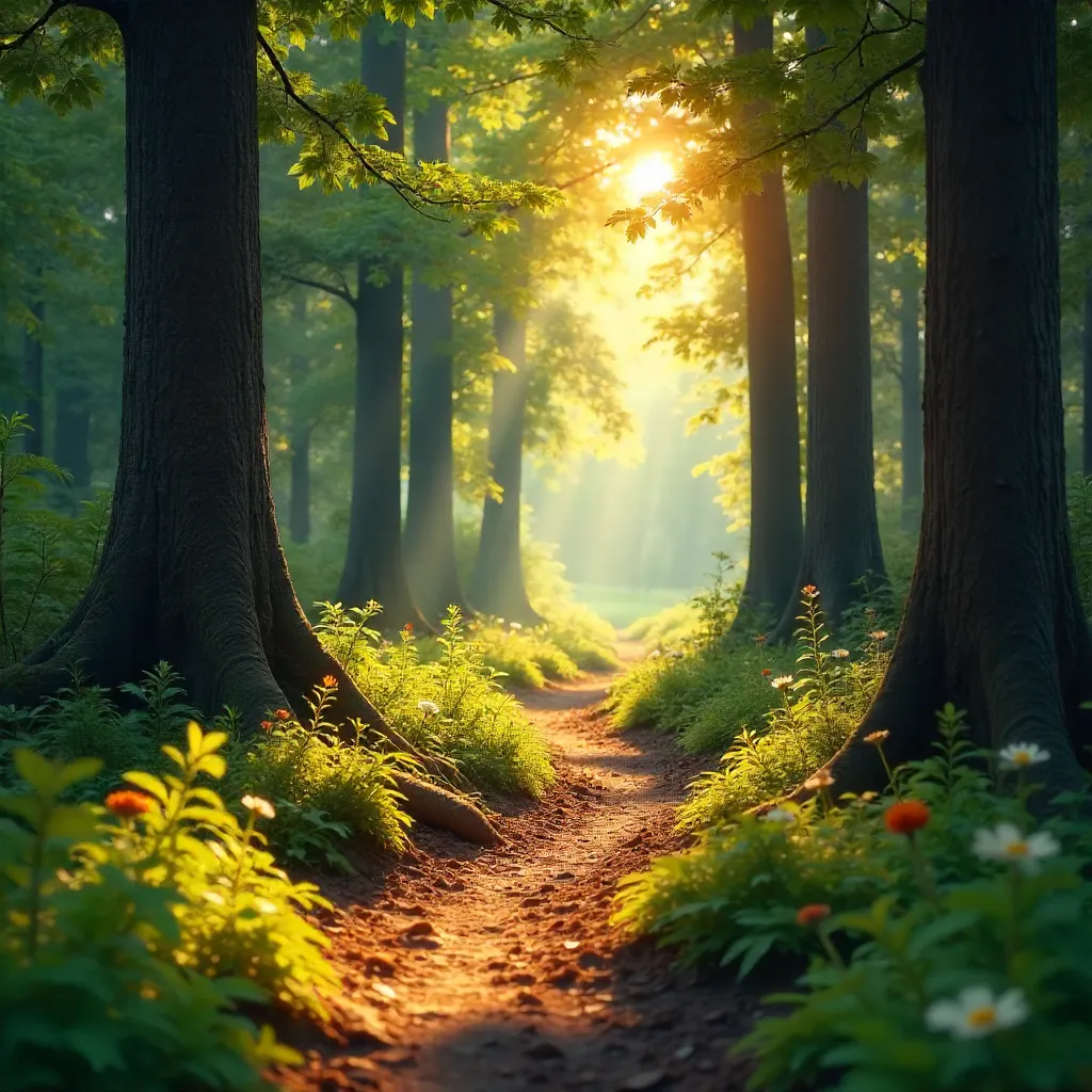 Sunlit Forest Path Through Tall Summer Trees