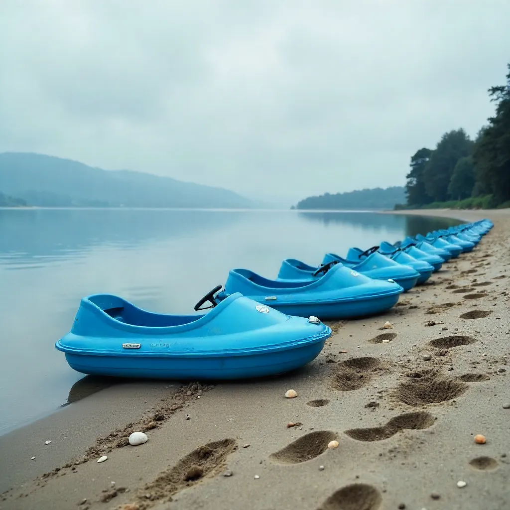 Row of Blue Pedal Boats on a Quiet Lake