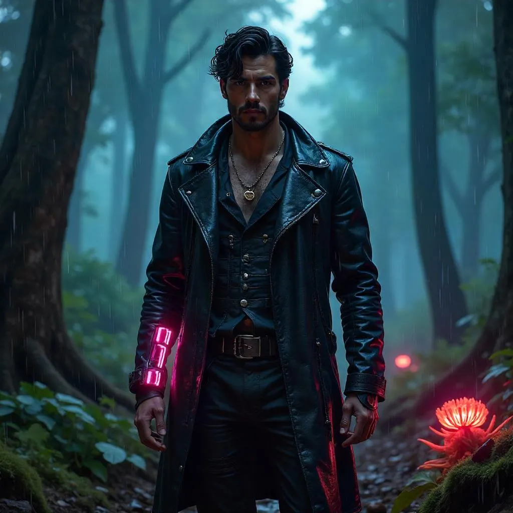 Neon Forest Warrior: Latino Cyberpunk in Neon Rain