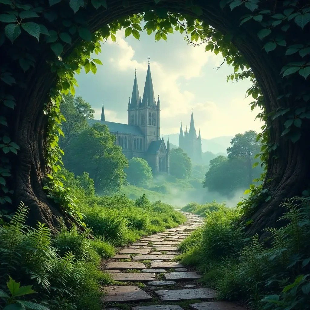 Pathway Through Lush Greenery to Distant Spires Under Clouds