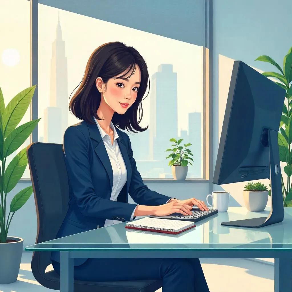 Office Glow: Anime Woman at Desk in Modern Workspace