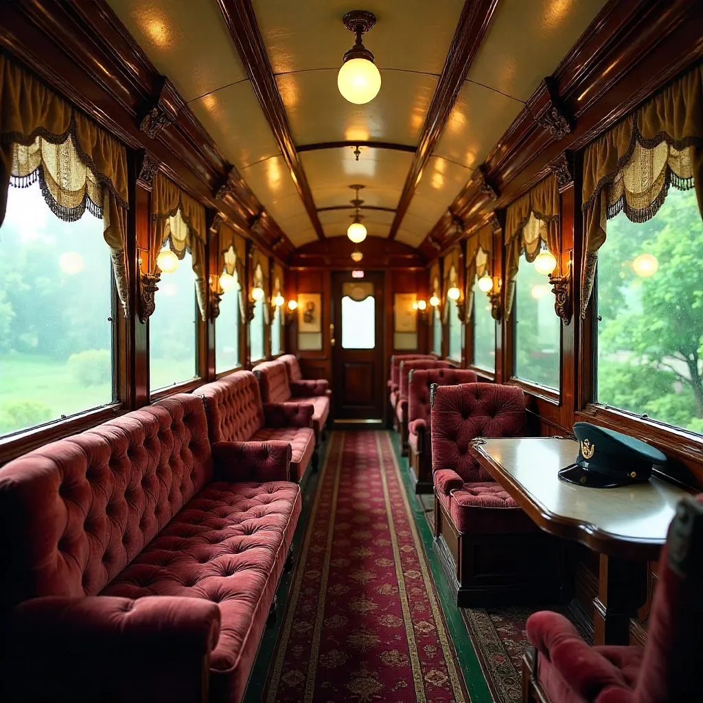 Ornate Vintage Train Car Interior: Upholstery & Windows