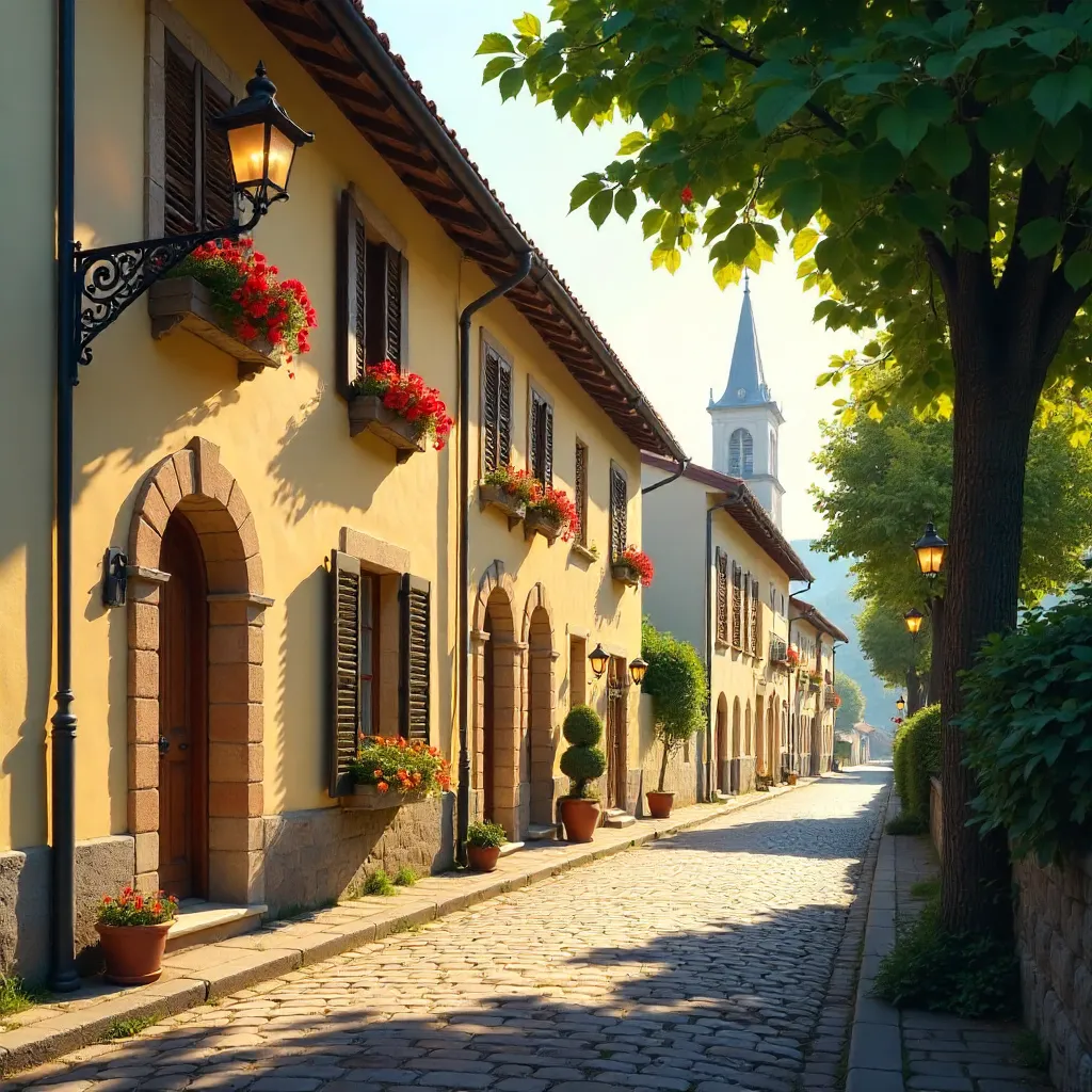 Sunlit European Street with Shutters and Lamp