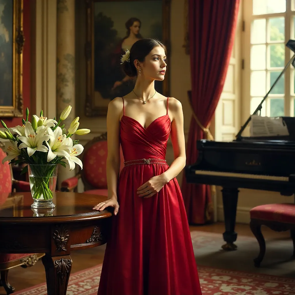 Elegance in Red: Lilies in a Classical Interior