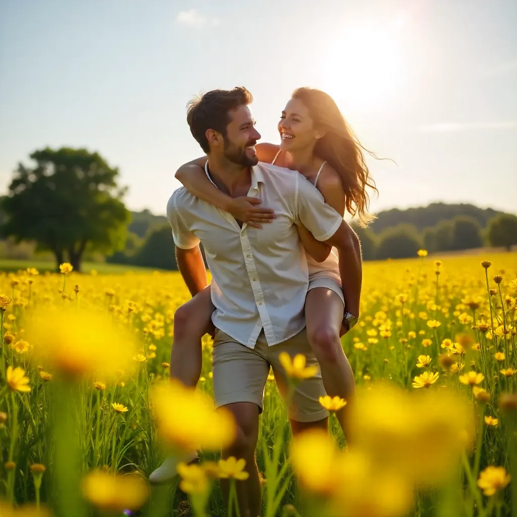 Joyful Piggyback Ride Among Yellow Blooms