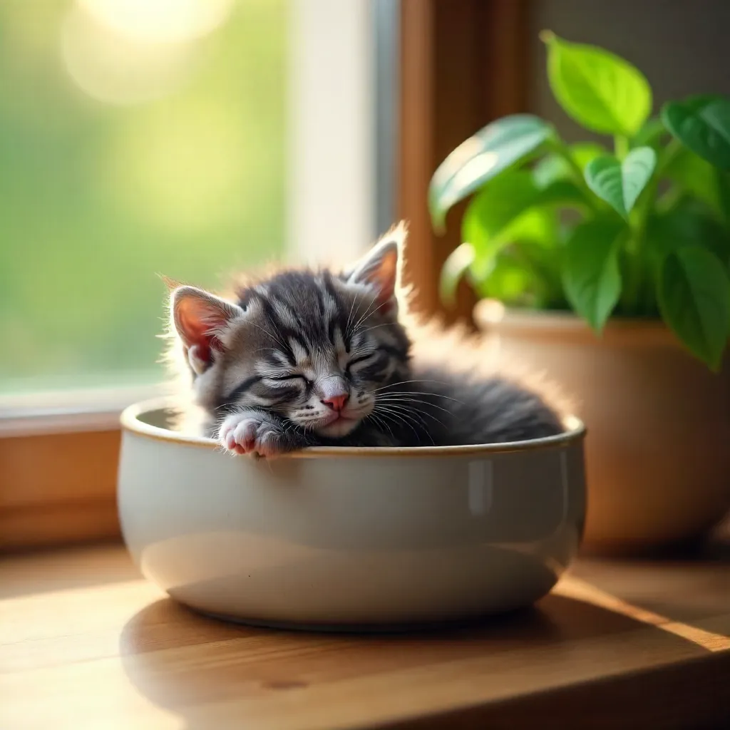 Cozy Gray Kitten Sleeping in a Plant-Adjacent Container