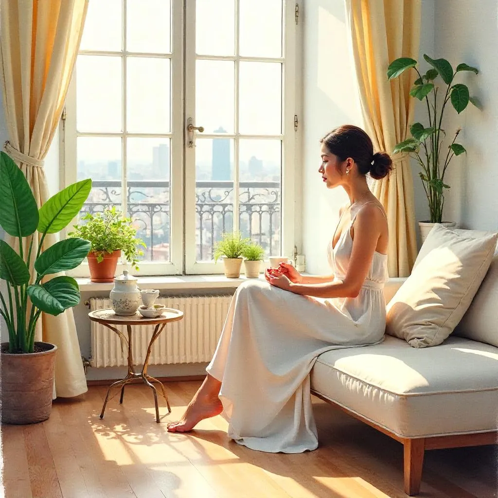 Watercolor Portrait of an Elegant Woman in a Sunlit Apartment