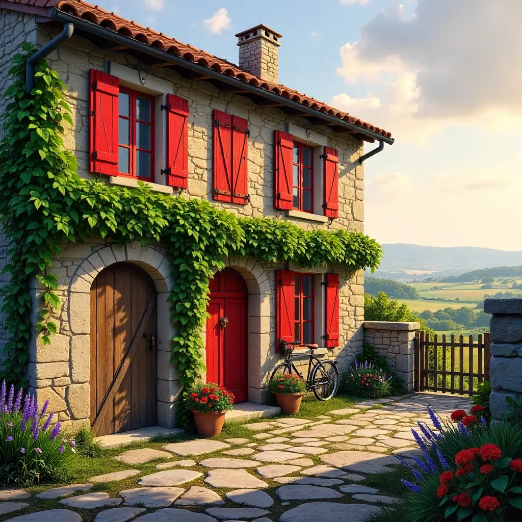 Ivy-Covered French Cottage with Red Shutters